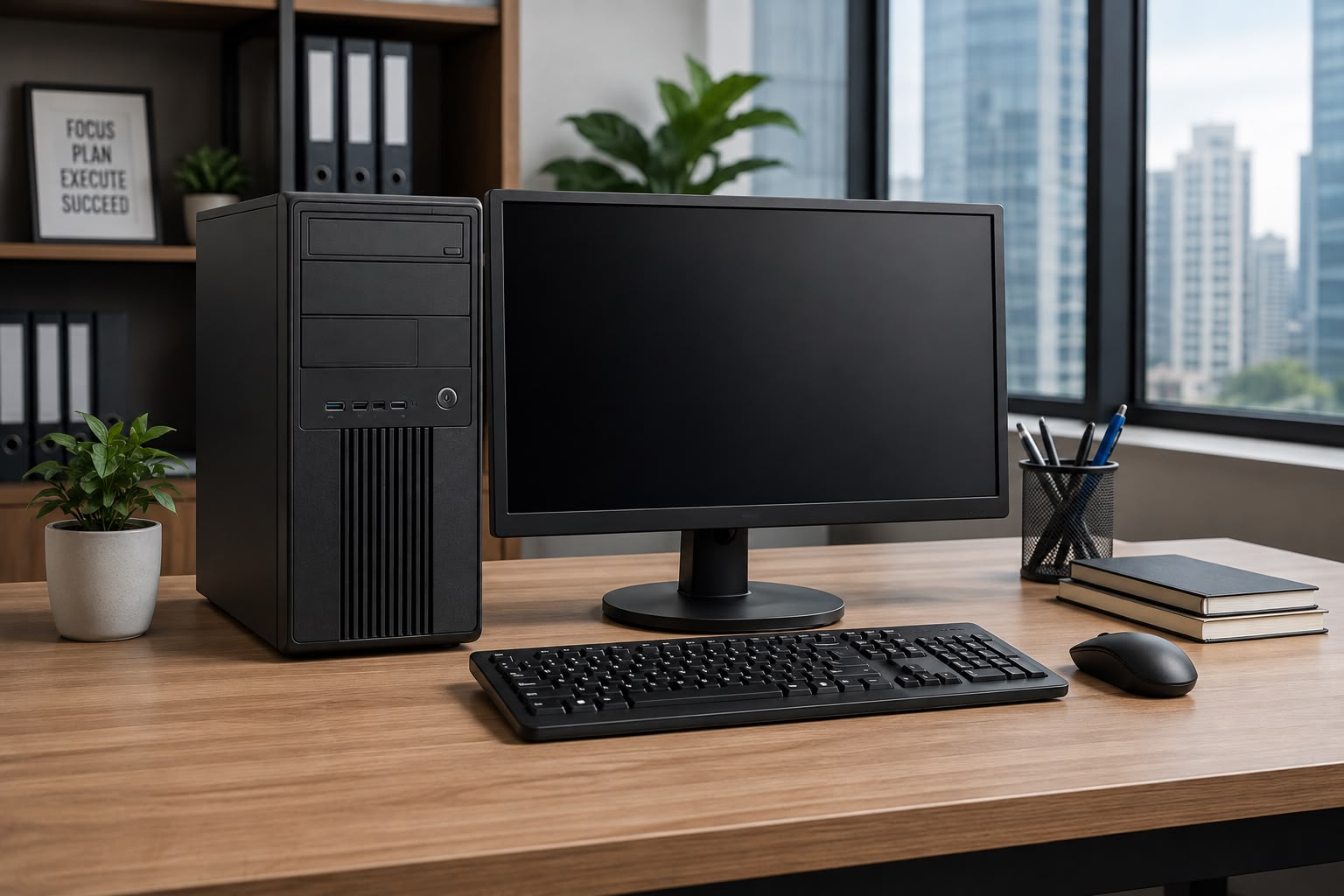 Home 3 Premium desktop computer with CPU, monitor, and keyboard for business, office, education, and professional use by Regulation IT Infra.